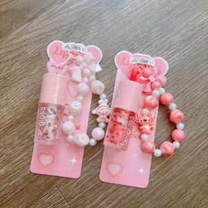 Pink and White Lip Gloss and keychain Set